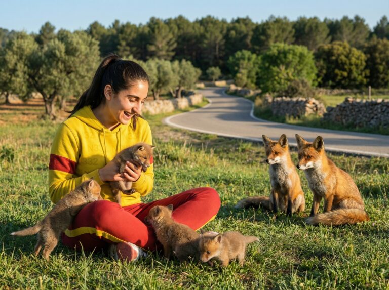 Riley Via playing with fox cubs near a rural road