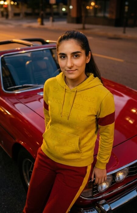 Riley Via with a classic Triumph Stag sports car in red