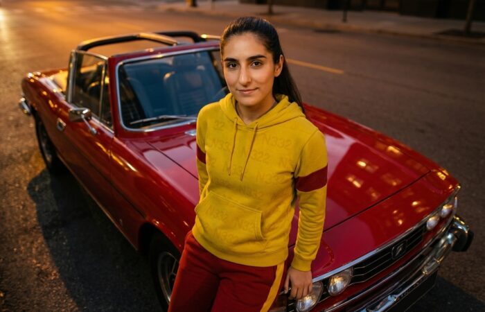 Riley Via with a classic Triumph Stag sports car in red