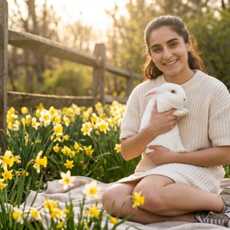 Riley enjoying Easter with a cute bunny in a spring field.