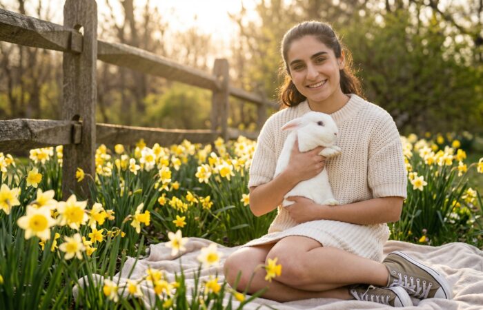 Riley enjoying Easter with a cute bunny in a spring field.
