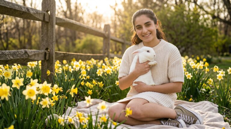 Riley enjoying Easter with a cute bunny in a spring field.