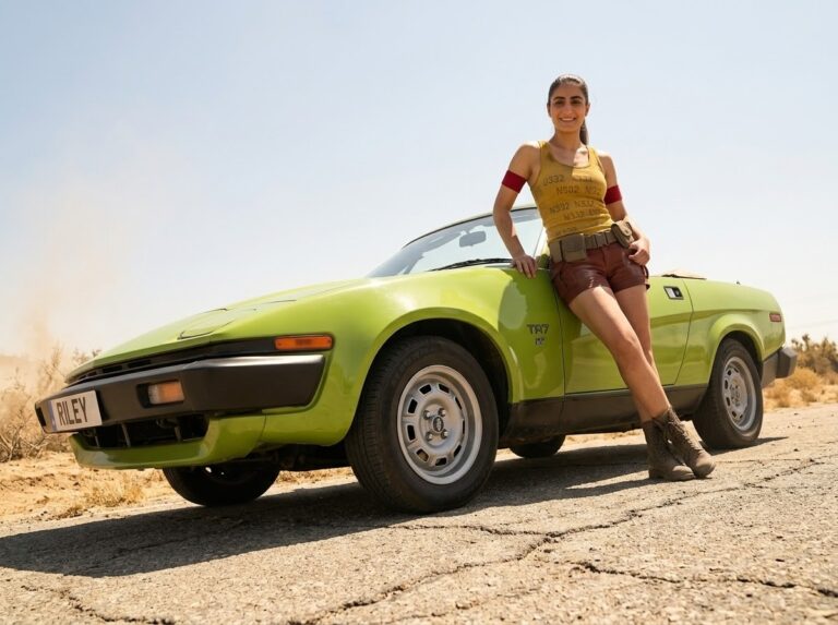 Action Riley poses with her Triumph TR7 classic car