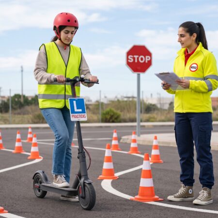 Riley helps a young driver learn how to ride an electric scooter.