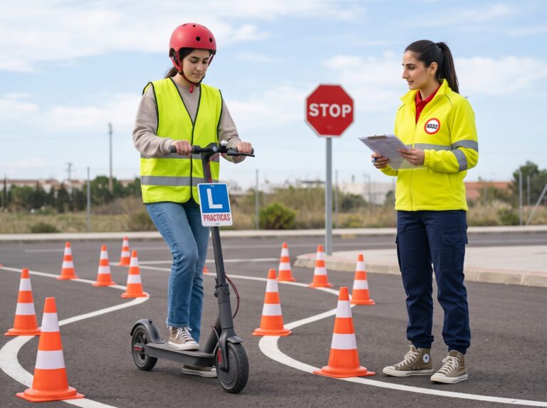Riley helps a young driver learn how to ride an electric scooter.