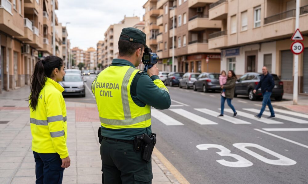 Riley watches a Guardia Civil officer monitoring traffic at a pedestrian crossing