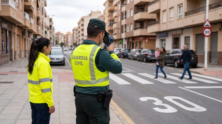 Riley watches a Guardia Civil officer monitoring traffic at a pedestrian crossing