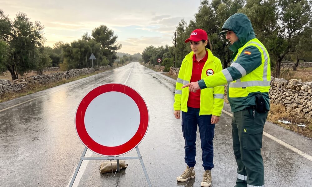 Riley talks to a Guardia Civil officer about the importance of the R-101 road sign in Spain.