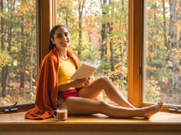 Riley Reads in a window during autumn